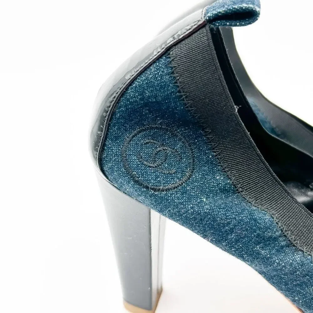 Chanel Elastic CC Logo Blue Denim Pumps High Heels Size 39 US 8-8.5